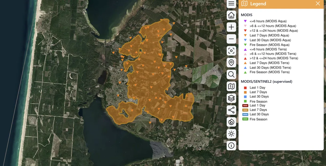 Carte des zones brûlées à proximité de Biscarrosse, restituées par le système européen Effis