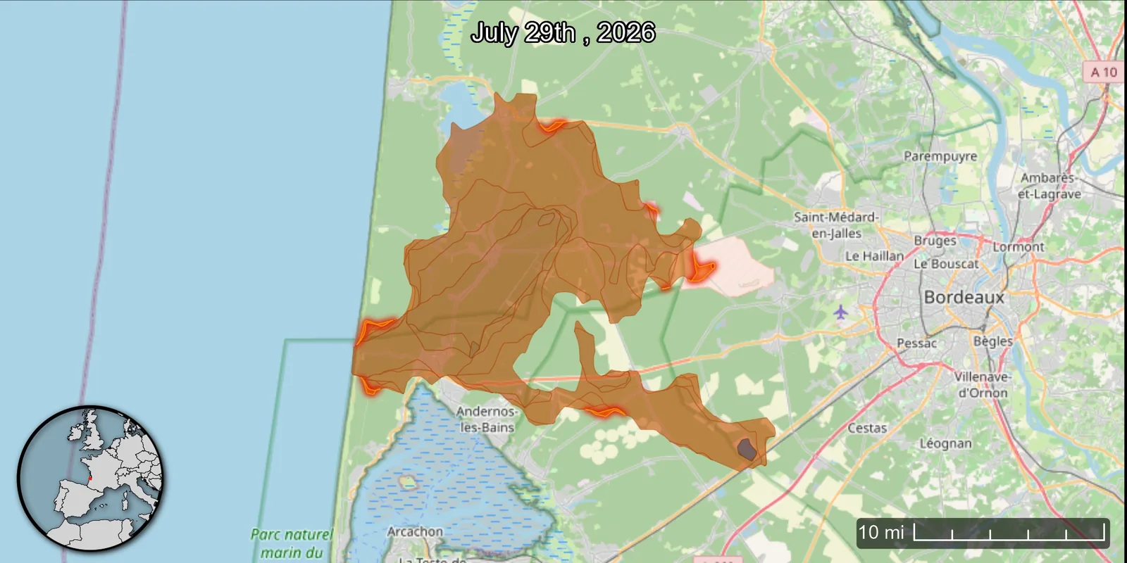 Carte du périmètre brûlé au 29 juillet 2026, entre le bassin d'Arcachon et Bordeaux