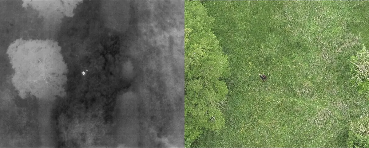 À gauche l'image thermique, à droite la même scène en lumière visible, prises au même instant